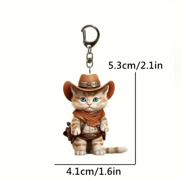1 Piece Cowboy Kitten Keychain, 2D Acrylic Cat Pendant, 0.3cm Thick, Double-Side - Picture 4 of 6